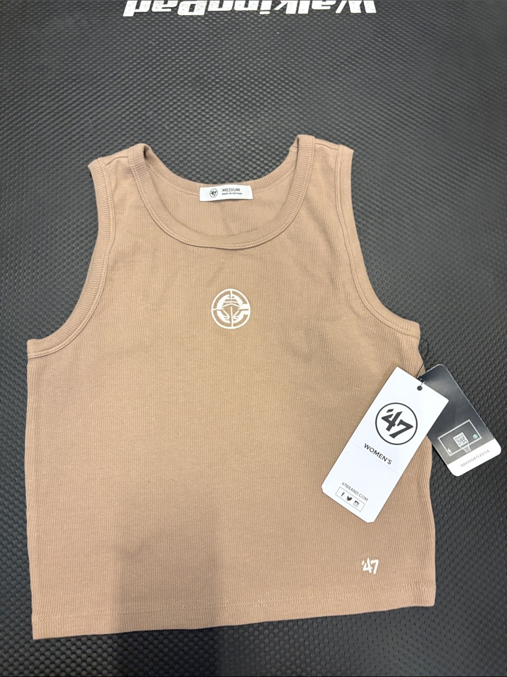 47 Women's Tan Ribbed Crop Tank with White Logo
